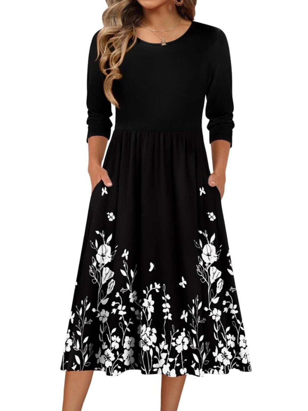 3/4 Sleeve Women's Dress Casual Aline Summer Fall Midi Long Dresses